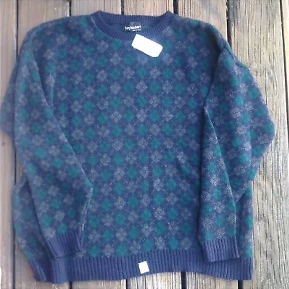 Tony Lambert Navy Blue Gray Argyle Cotton Sweater Sz L Crewneck Vintage 80s USA